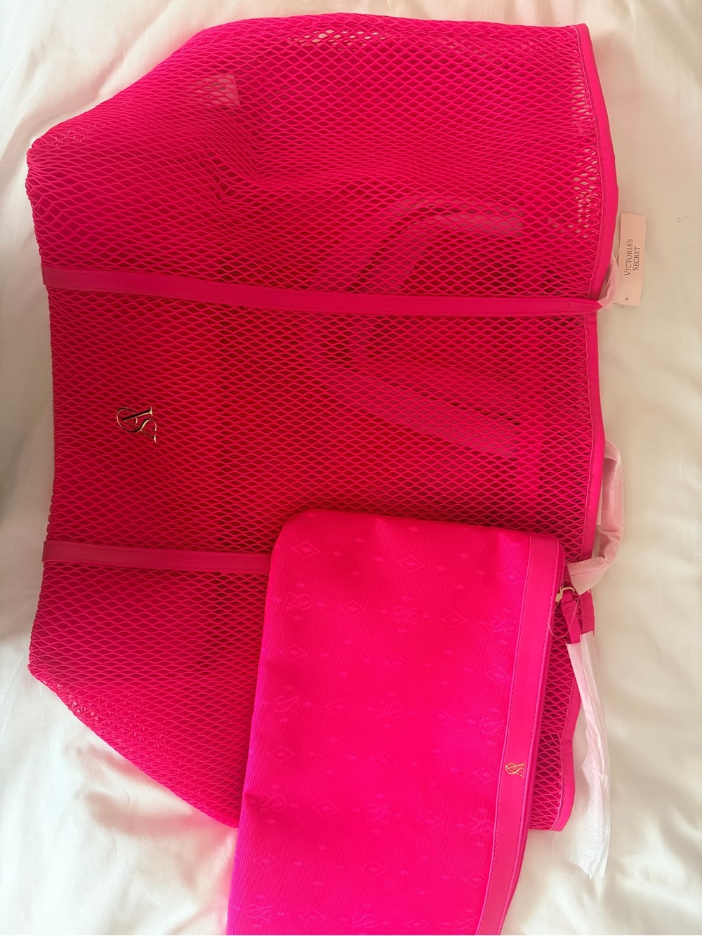 Victoria's Secret Hot Pink Mesh Tote with Matching Pouch